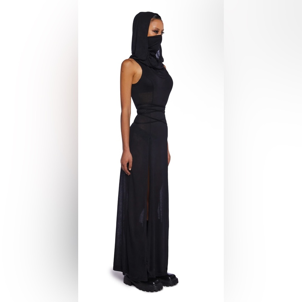 Echo Hooded Slit Maxi Dress in black by Darker Wavs (Dolls Kill)